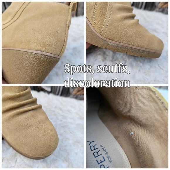 Ruched Suede Ankle Wedge Boot Sperry Harper Kara Bootie Size 8 Tan Leather Zip - Picture 9 of 13